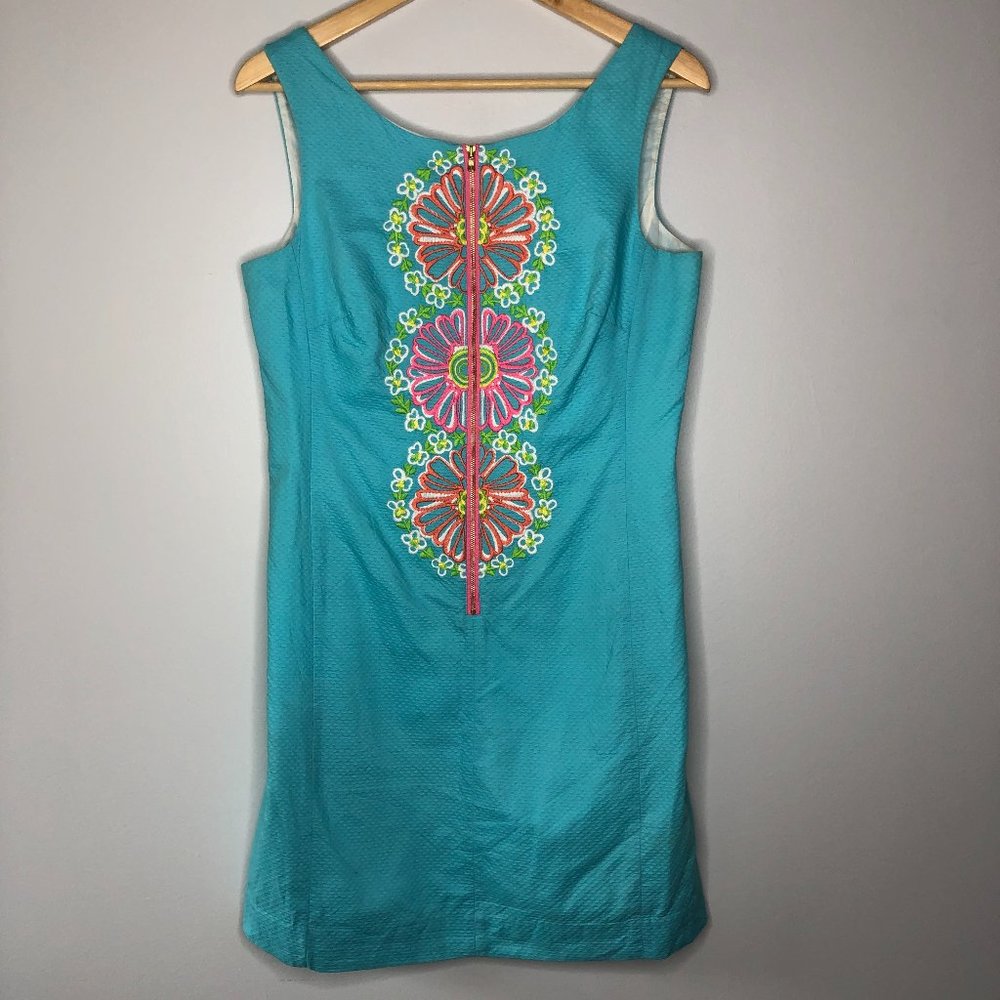 Lilly Pulitzer Turquoise Shift Dress with Pink & Green Embroidery